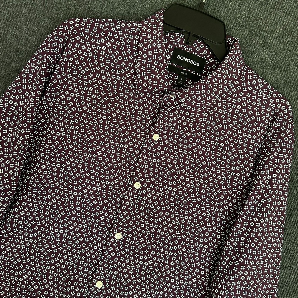 Bonobos Mens L Slim Fit Shirt LS Button Down Stretch Burgundy White Flowers